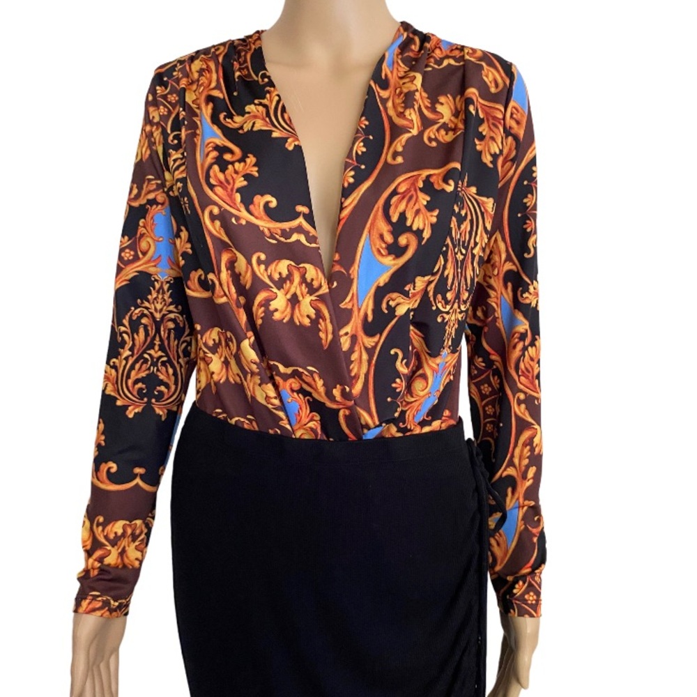 ZARA Italian Gold  Print Long Sleeves Bodysuit Size M